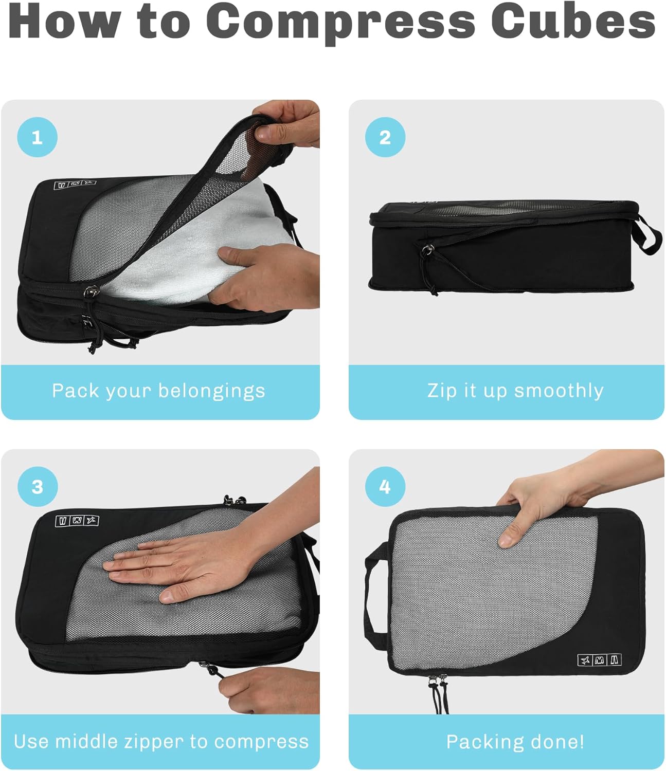 Hynes Eagle 6 Set/ 4 Set/ 2 Set Compression Packing Cubes Travel Essentials Lightweight Nylon Luggage Suitcase Organizer Bag Black 6PCS
