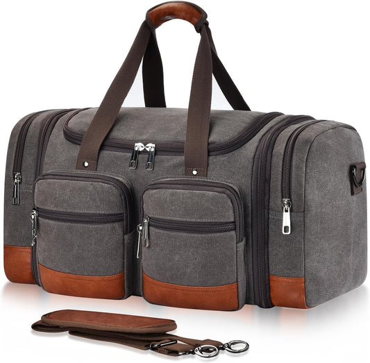 Canvas Duffle Bag For Travel, 50L Expandable Carry on Overnight Travel Duffel Bags with Laptop Compartments Weekend Gym Bag for Men(Grey)