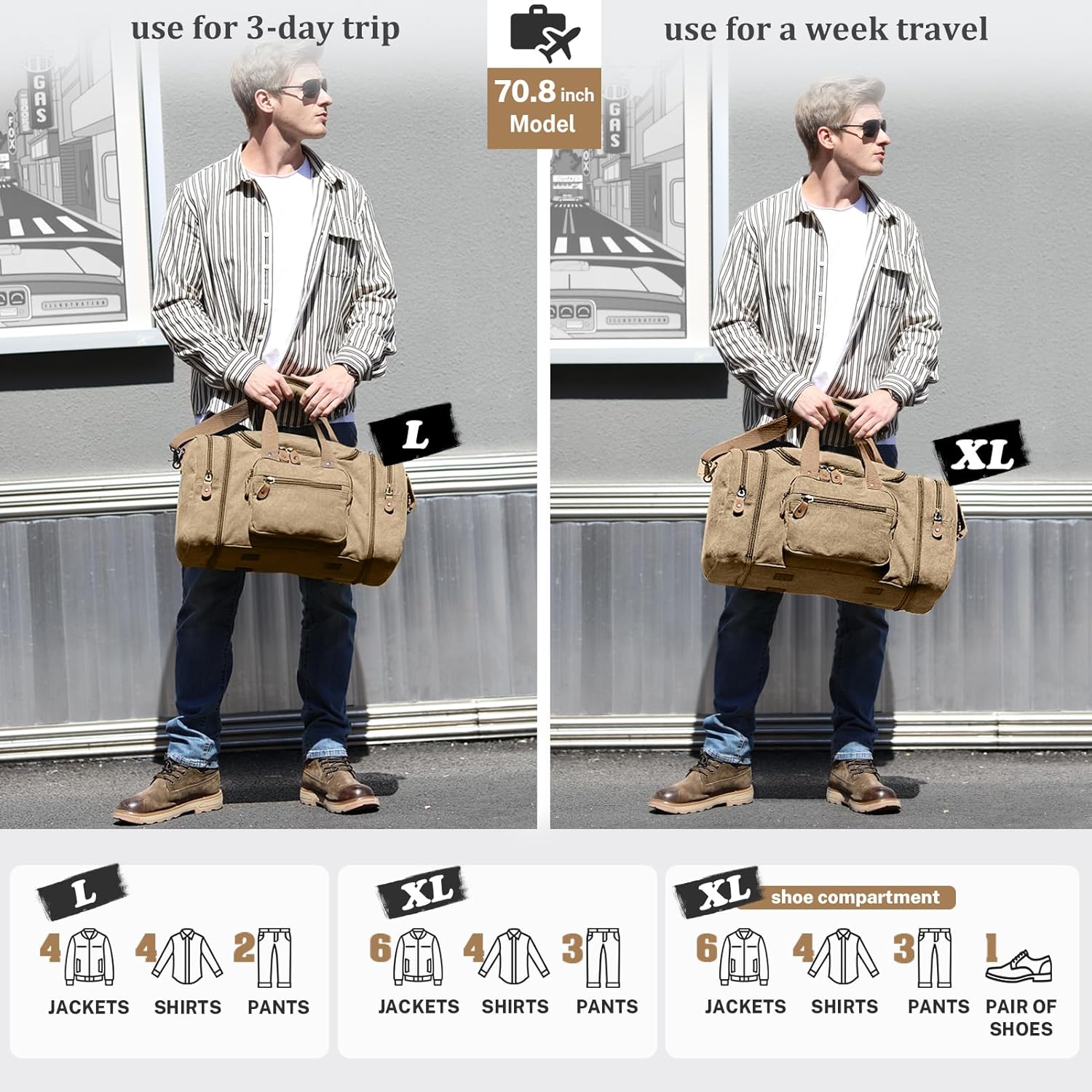 Gonex Canvas Duffle Bag for Travel 60L Duffel Overnight Weekend Bag(Coffee)
