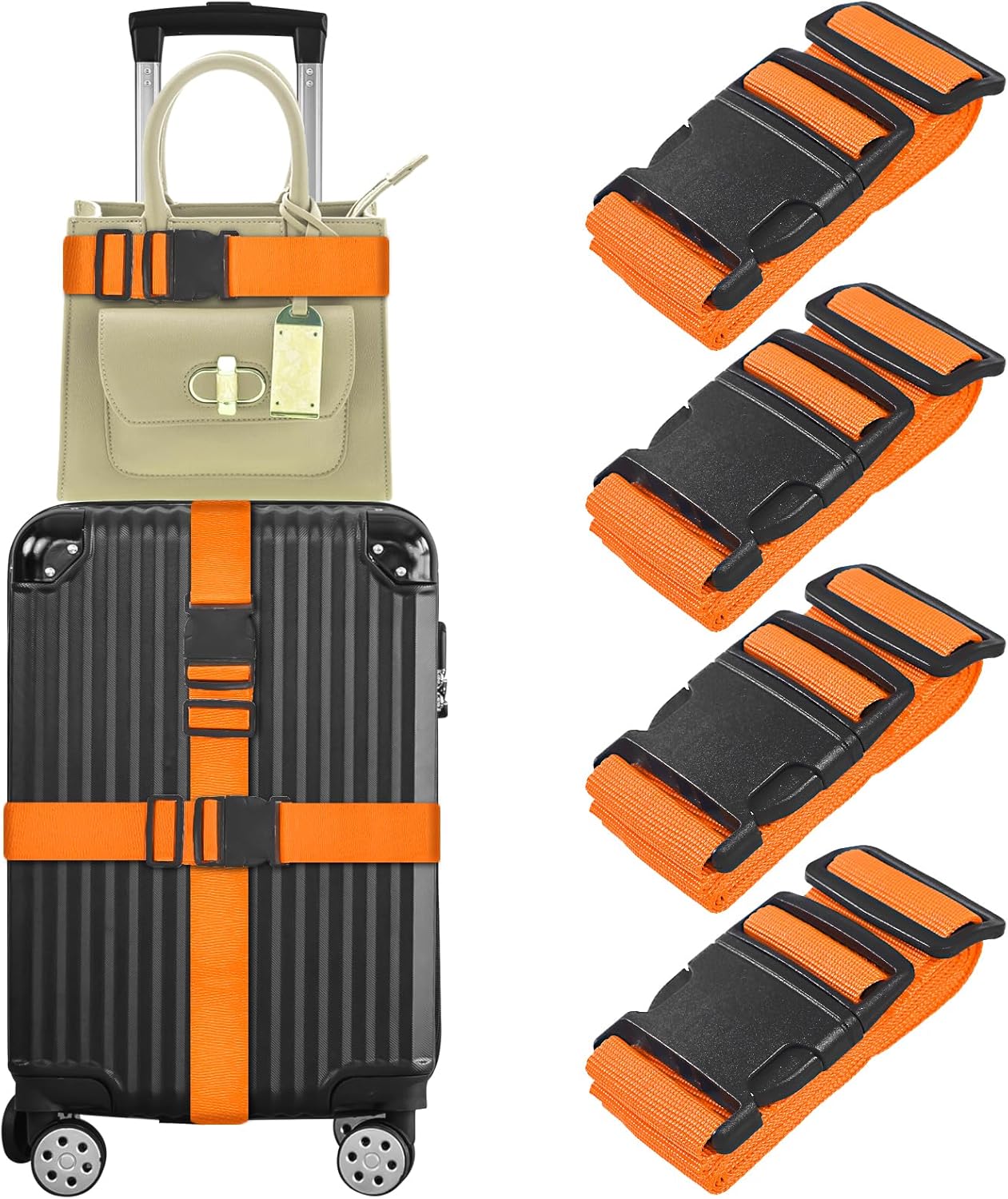 vivinin 4 Pack Luggage Straps, Luggage Belt with Buckle Closure, Adjustable Luggage Belt for Travel Bag Closure, Luggage Security (Orange)