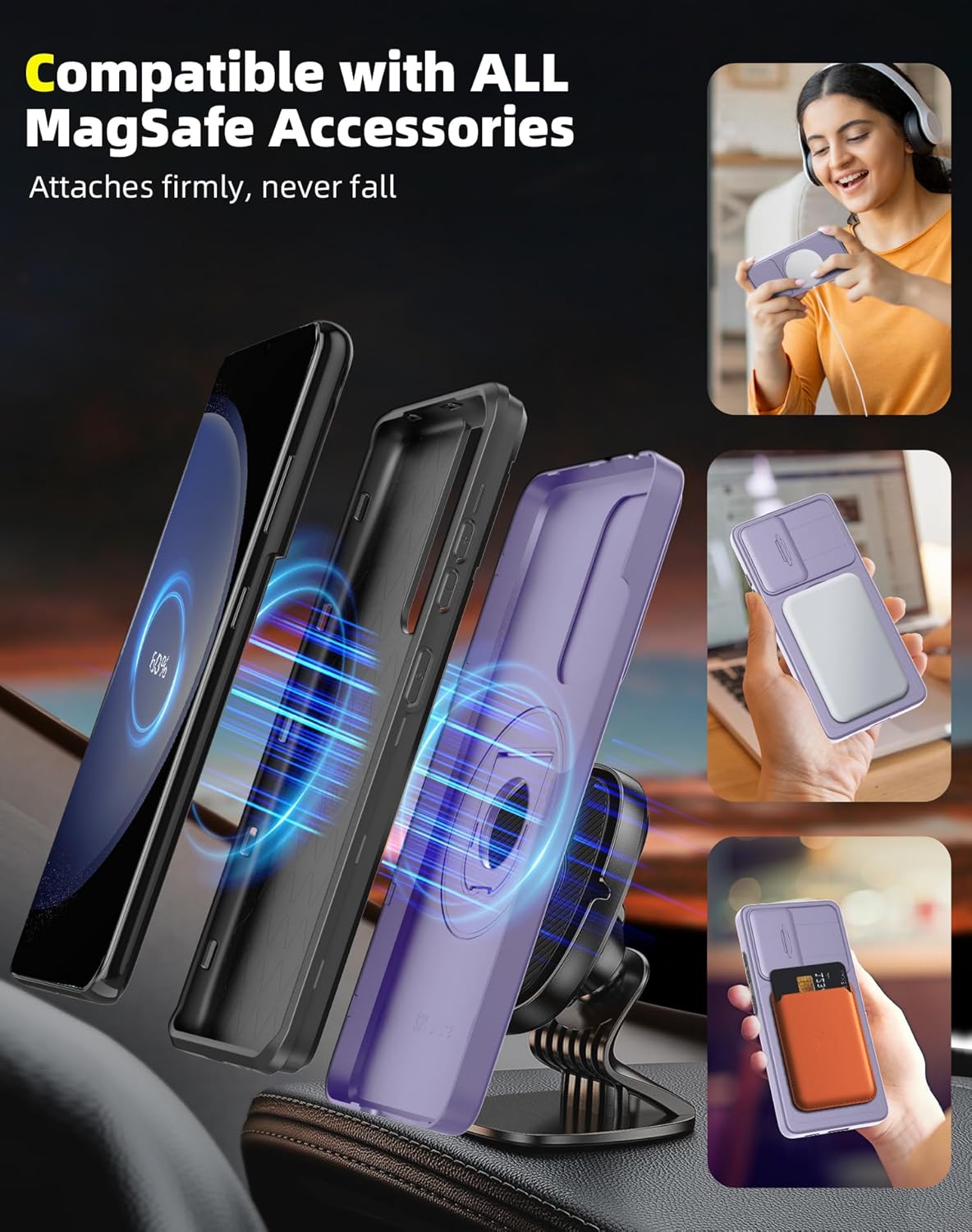 for Samsung Galaxy S23FE Case Magnetic Compatible with MagSafe Wireless Charging,with 2 Screen Protectors,Built-in Stand Ring+Camera Cover Anti-Scratch Shockproof Heavy Duty Protection Purple