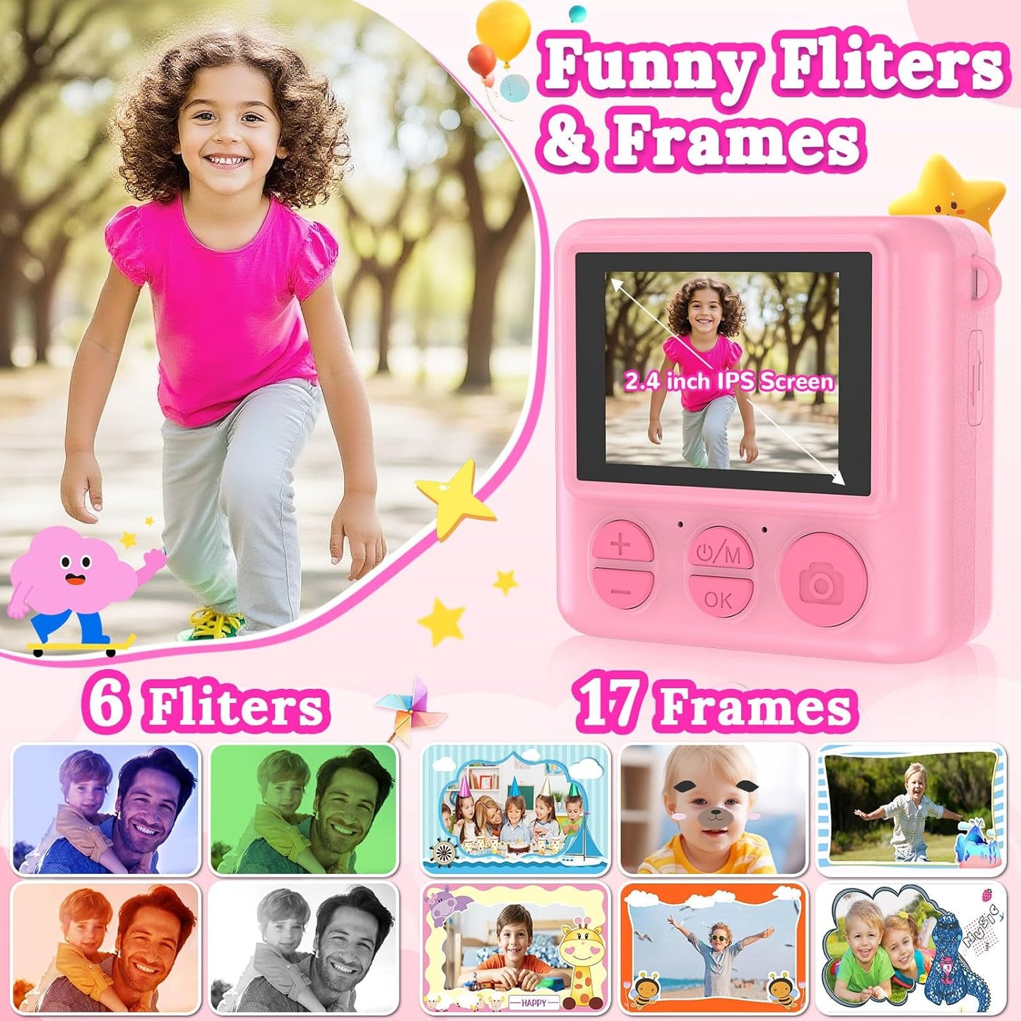 Kids Instant Print Camera - Christmas & Birthday Gift for Boys and Girls Ages 3-12, HD Digital Video Camera Toy with 3 Rolls Printing Paper & 32GB Card (Pink)