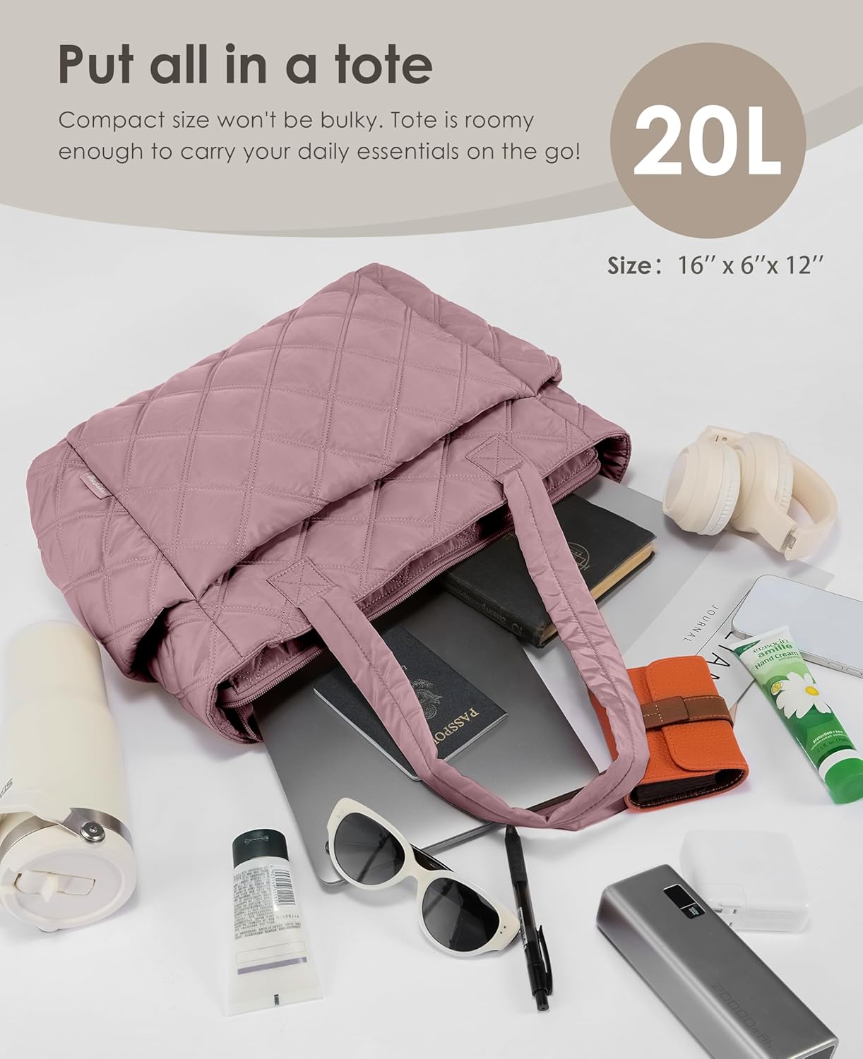 Tote Bag for Women, Lightweight Puffer Tote Work Bags with Compartments for Travel, Quilted Shoulder Bag with Zipper