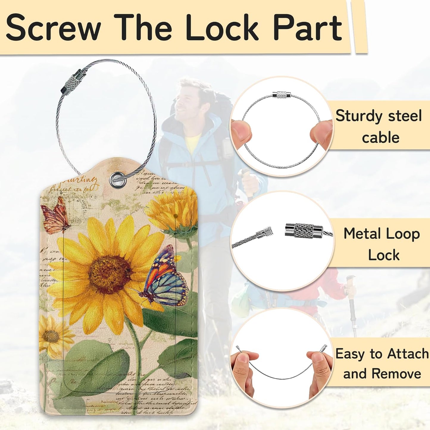 Sunflower Floral Luggage Tag for Suitcase,Design with Privacy Flap Name ID Label Metal Loop, 3 Pack