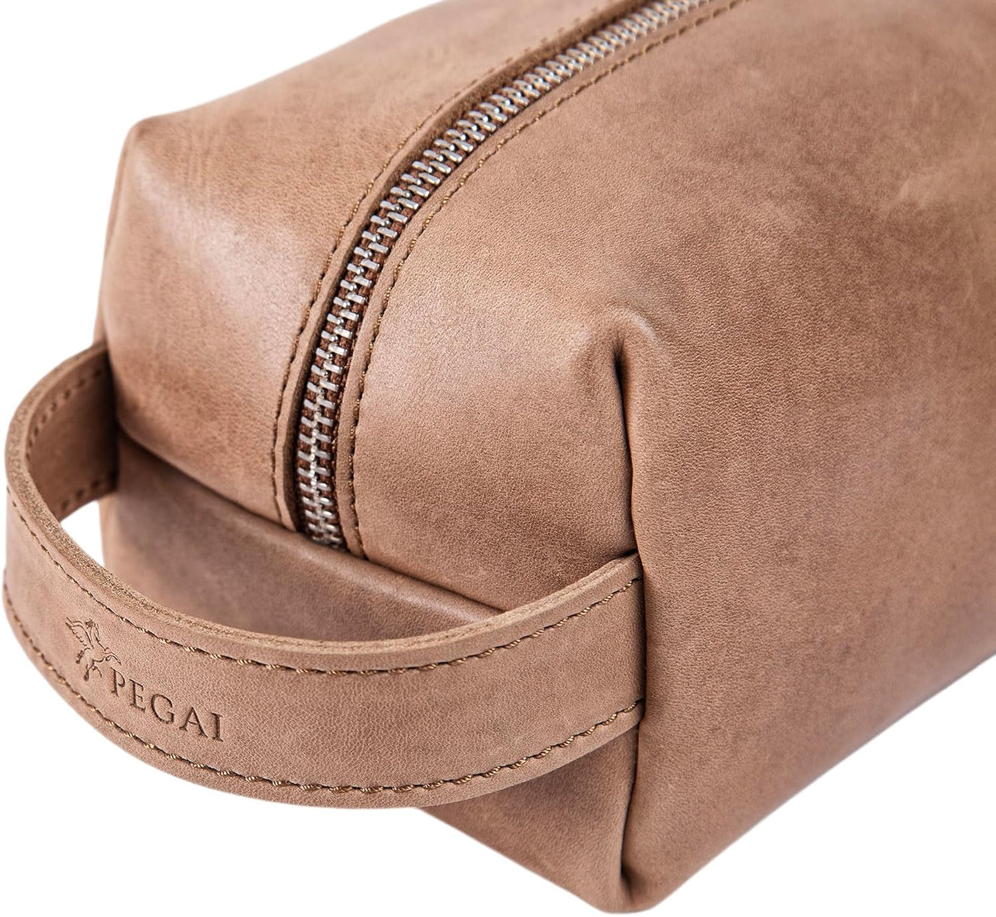 PEGAI Personalized Leather Travel Toiletry Bag for Men | Handmade Top Grain Distressed Dopp Kit, Mens Toiletry Bag, Shaving Kit Case Travel Organizer - Lee (Tan)