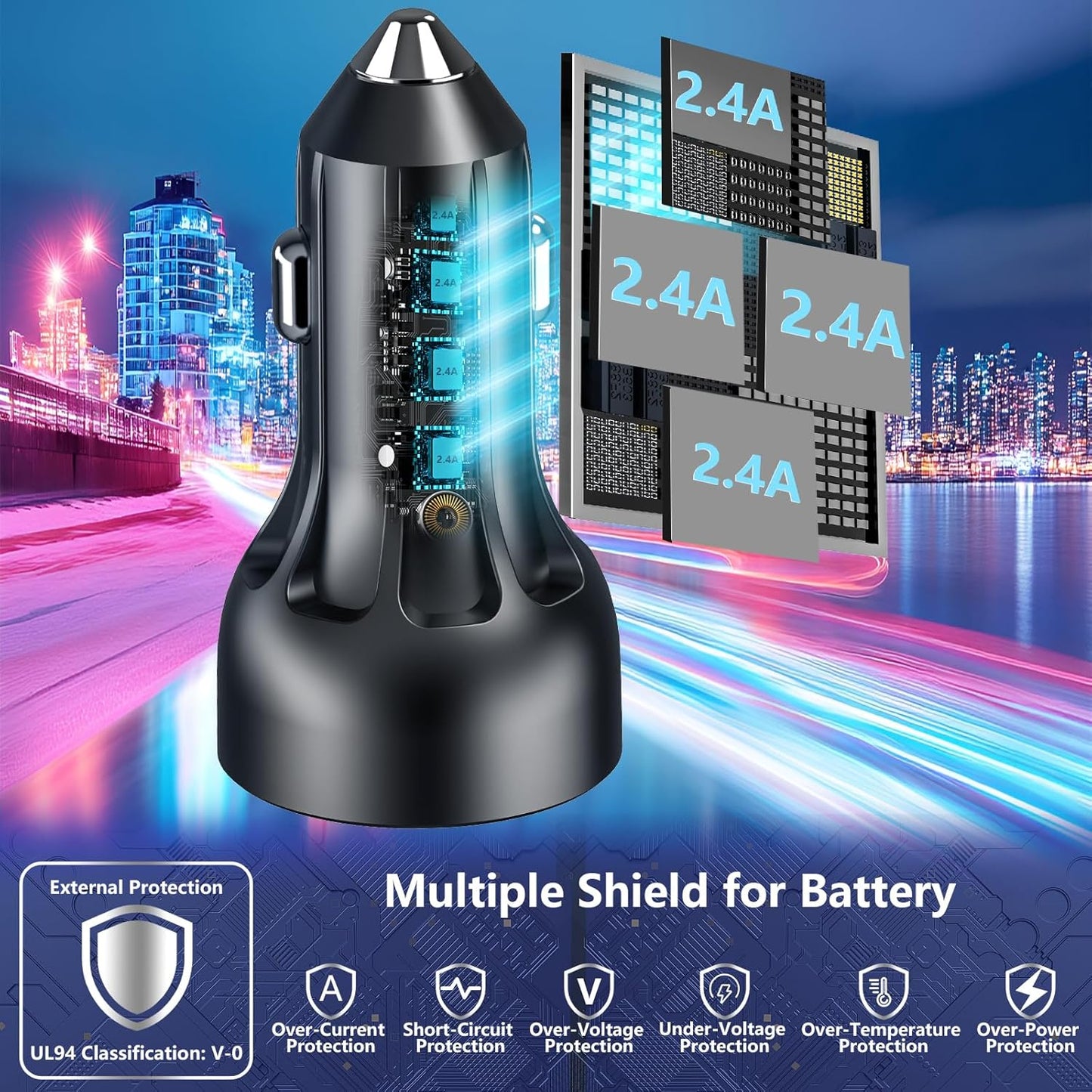 USB Car Carplay Charger, Rombica 4-Port 4.8A USB Car Power Adapter, 4 in 1 48W Fast Charging Cigarette Lighter for iPhone 17 17 Pro Max 16 15 14 13 12 11 Pro, Galaxy S25 S24 S23 S22, Pixel, iPad Pro