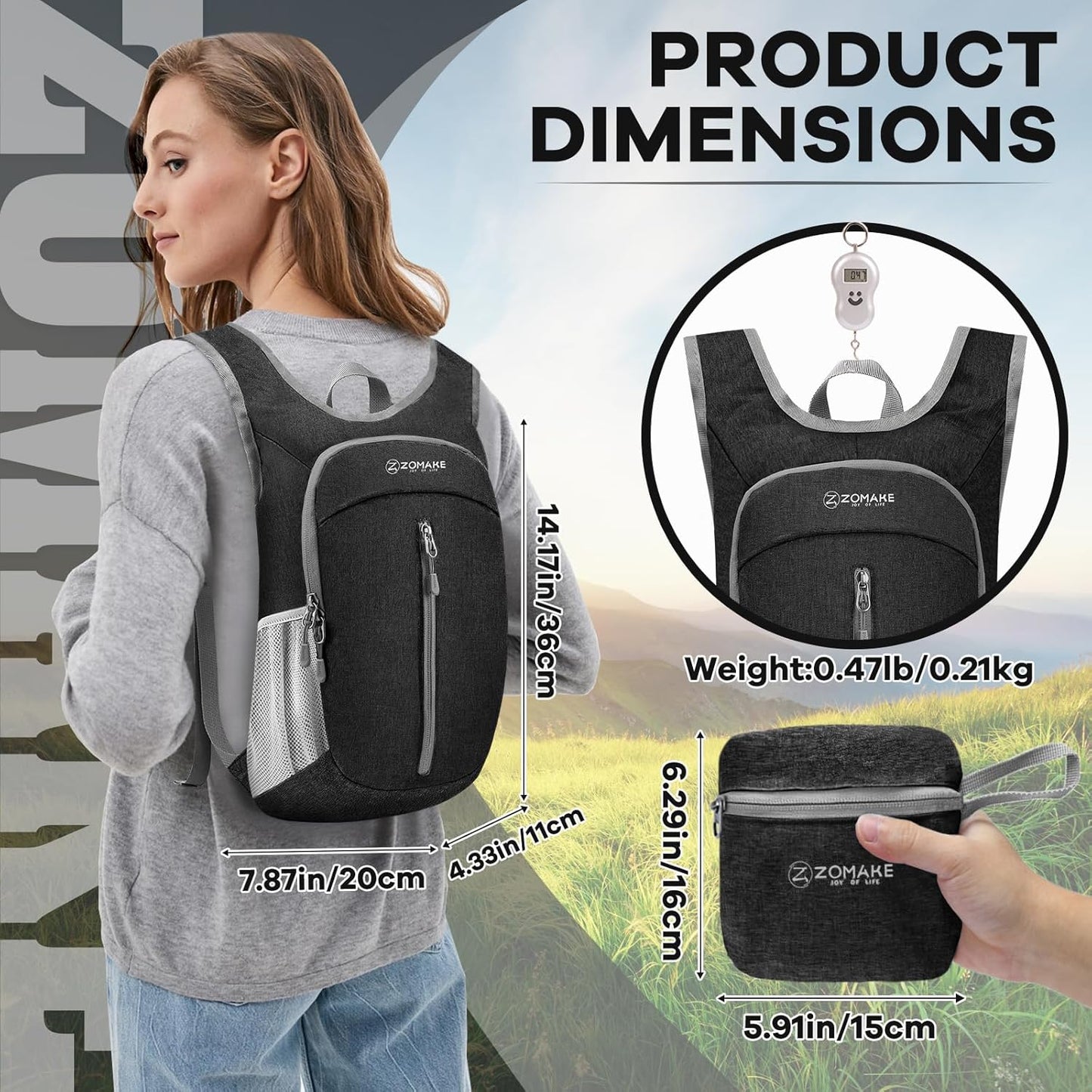 ZOMAKE 10L Ultra Lightweight Packable Backpack, Small Daypack Light Foldable Backpacks Water Resistant Day Bag for Hiking(Black)