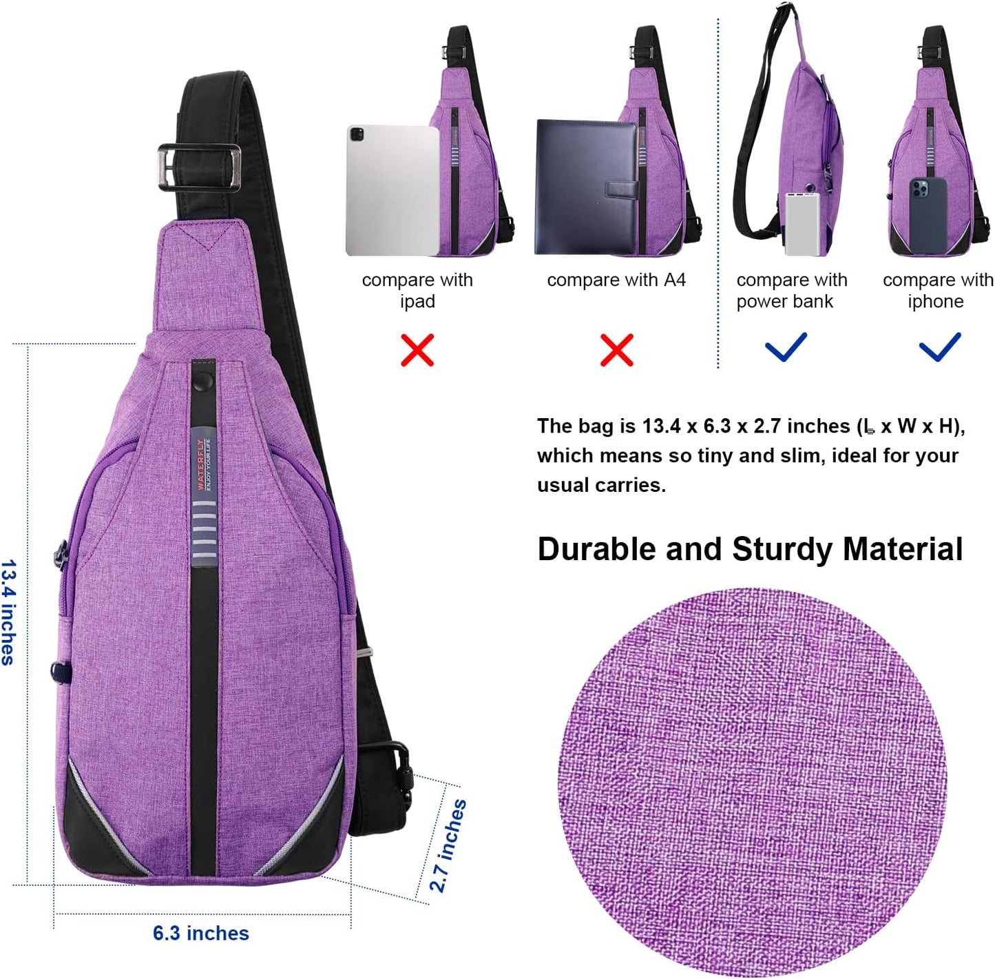 WATERFLY Tiny Crossbody Sling Backpack Anti Theft Backpack for Traveling Chest Shoulder Bag (Purple)