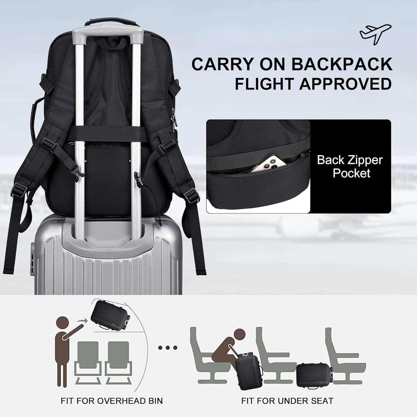PIJUSHI Travel Backpack for Women Men Expandable Carry on Luggage Backpack Airline Approved Personal Item Laptop Bag(PE034 Black)