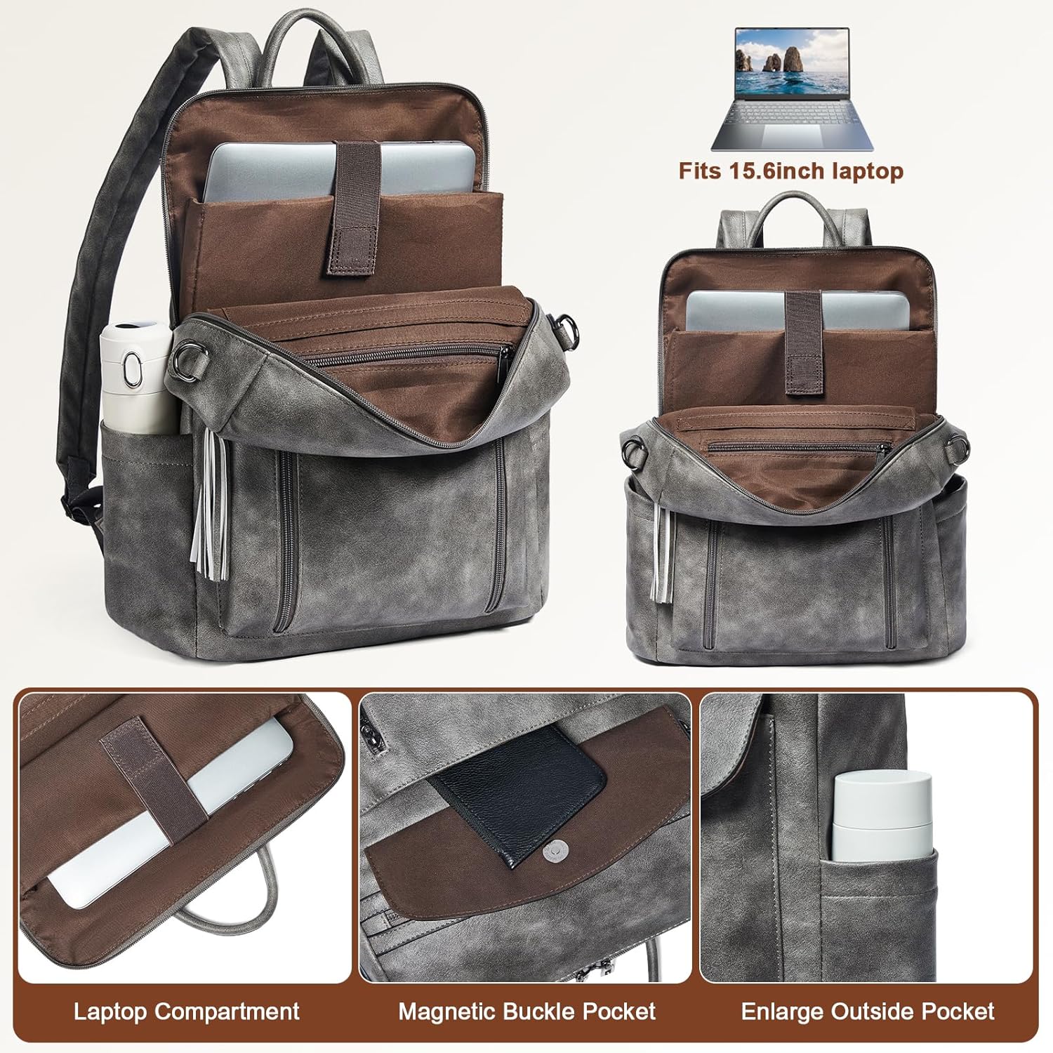 Shrrie Laptop Backpack for Women 15.6 inch,Travel Leather Backpack Purse Nurse Teacher Carry on