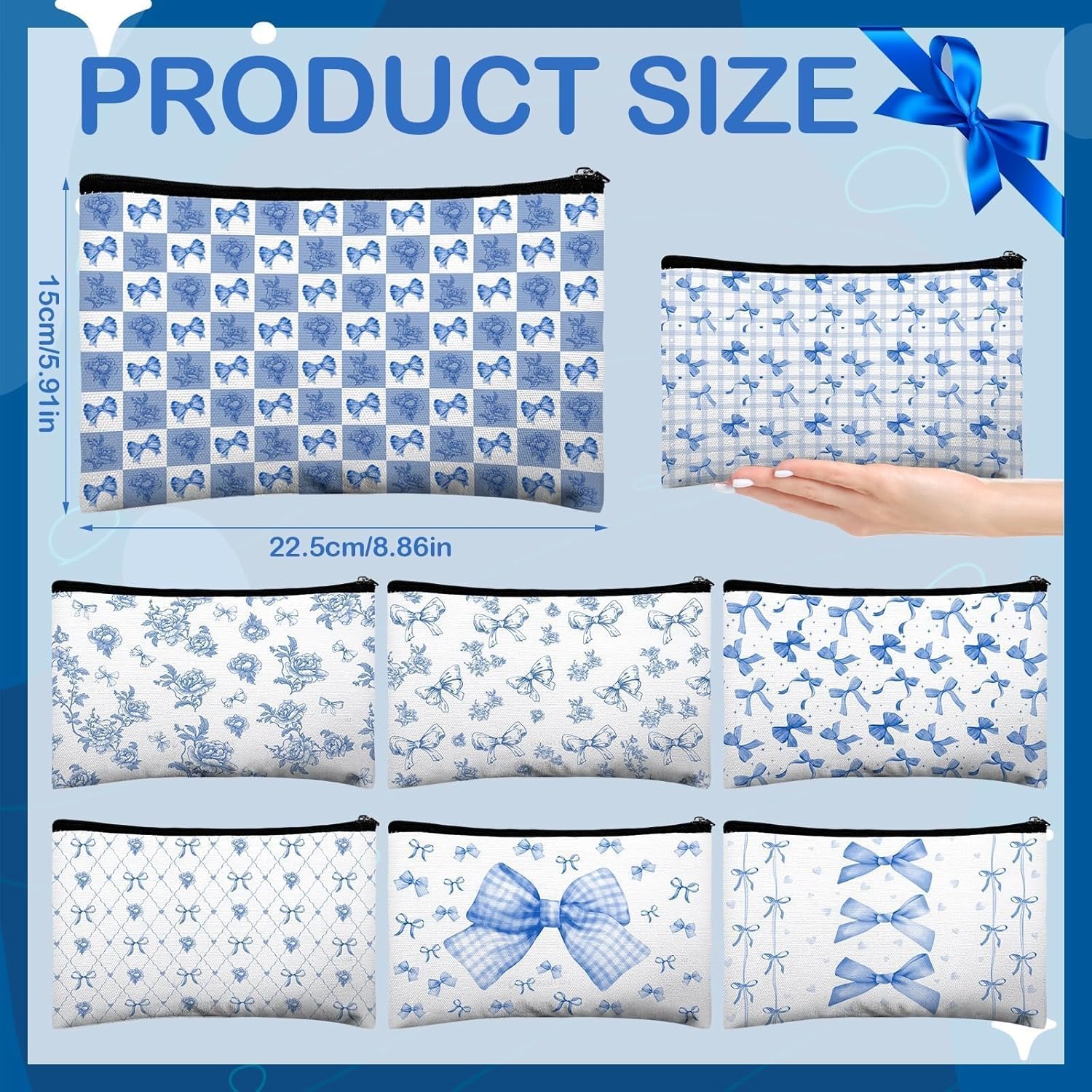16 Pcs Bow Makeup Bags Bulk for Women Blue Coquette Aesthetic Preppy Cosmetic Bags Bow Floral