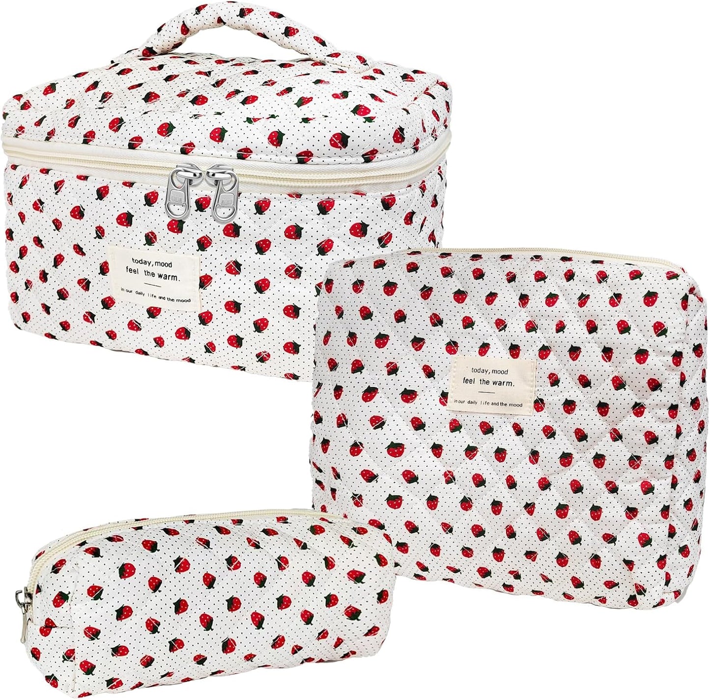 Quilted Makeup Bag, Large Capacity Travel Cosmetic Bag for Women and Girls, Aesthetic Storage for Daily and Travel Use (3pcs-Wildstrawberry)