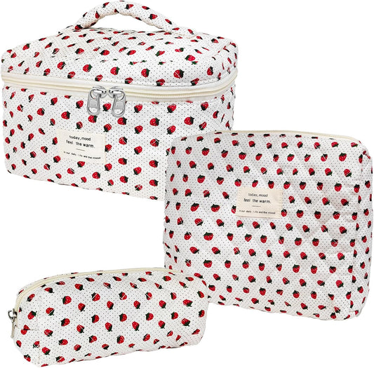 Quilted Makeup Bag, Large Capacity Travel Cosmetic Bag for Women and Girls, Aesthetic Storage for Daily and Travel Use (3pcs-Wildstrawberry)