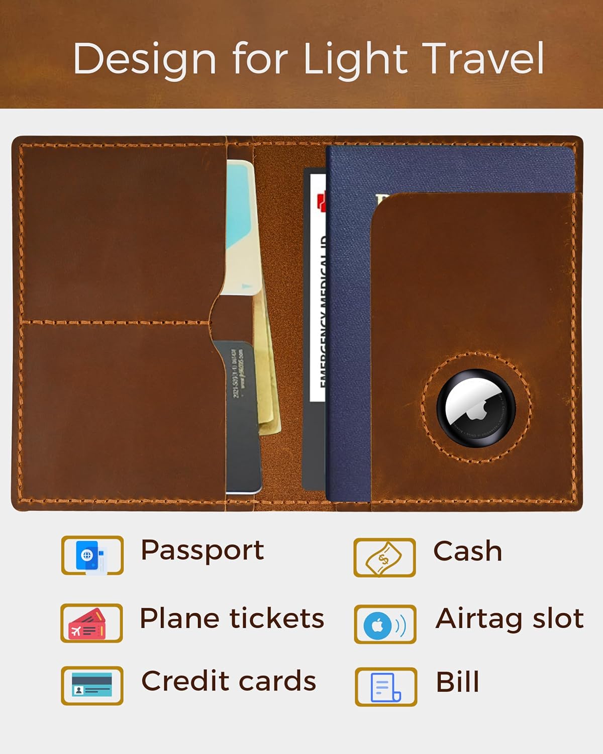 Passport Holder for Travel, Airtag Genuine Leather Passport Holder, Passport Cover Wallet Case for Women Men, Travel Essentials Gift, Brown