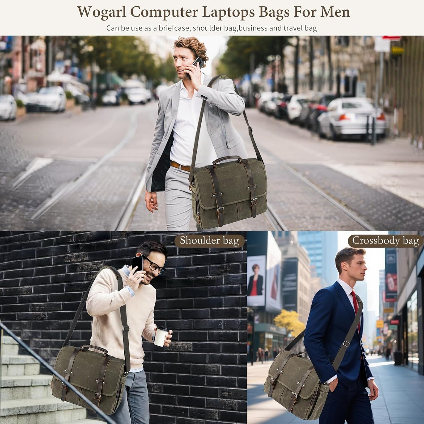 Wogarl 15.6" Messenger Bag for Men: Leather Waxed Canvas Briefcase Large Computer Laptop Bag Handbags Crossbody Bags for Work