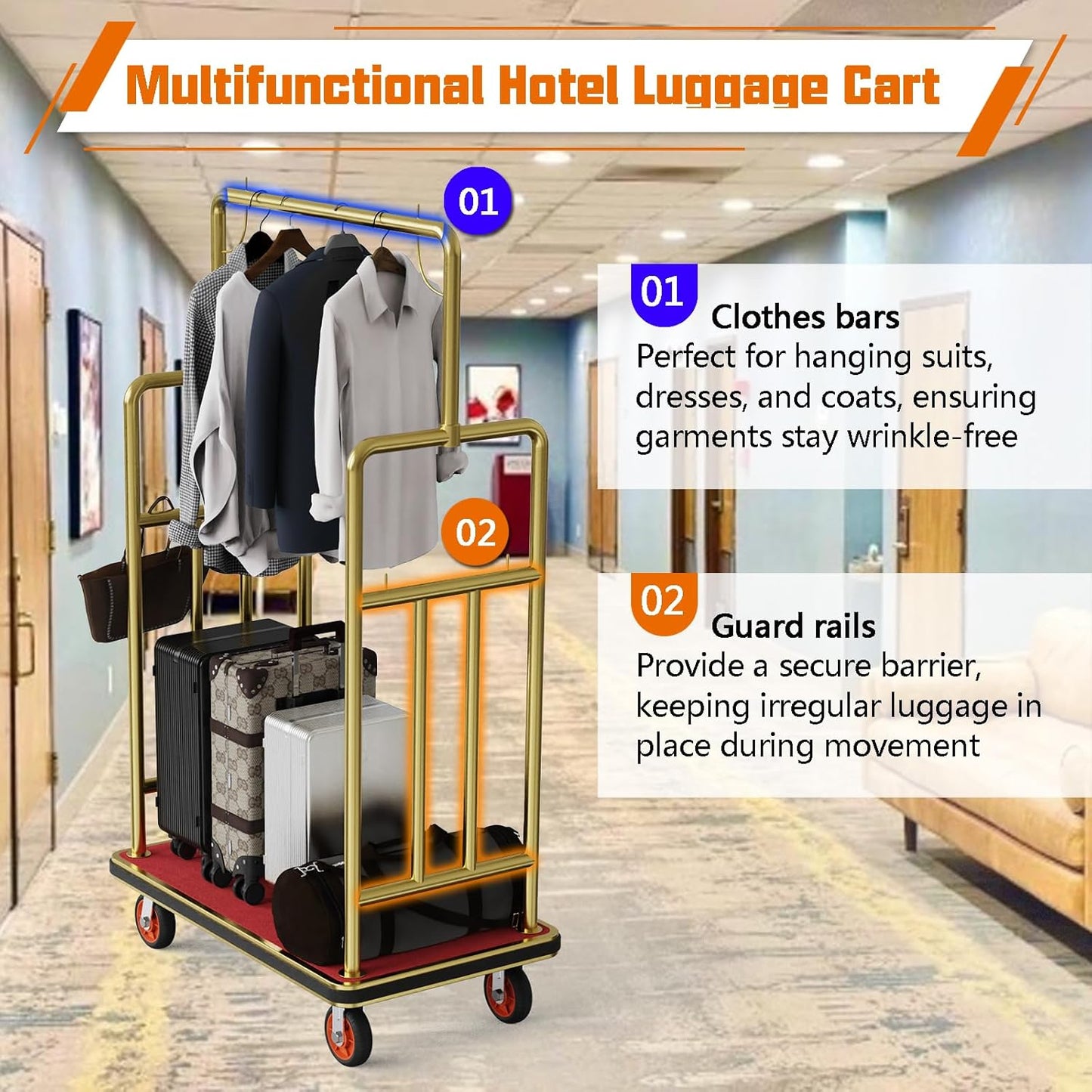 Gold Hotel Luggage Cart,42"x24" Bellman Cart with Baffle Guardrail and 6In Caster Weight Capacity Up to 850LBS Provide Convenience to Guest Gold Finished Hotel Cart Add Elegance to Hotel&Resort