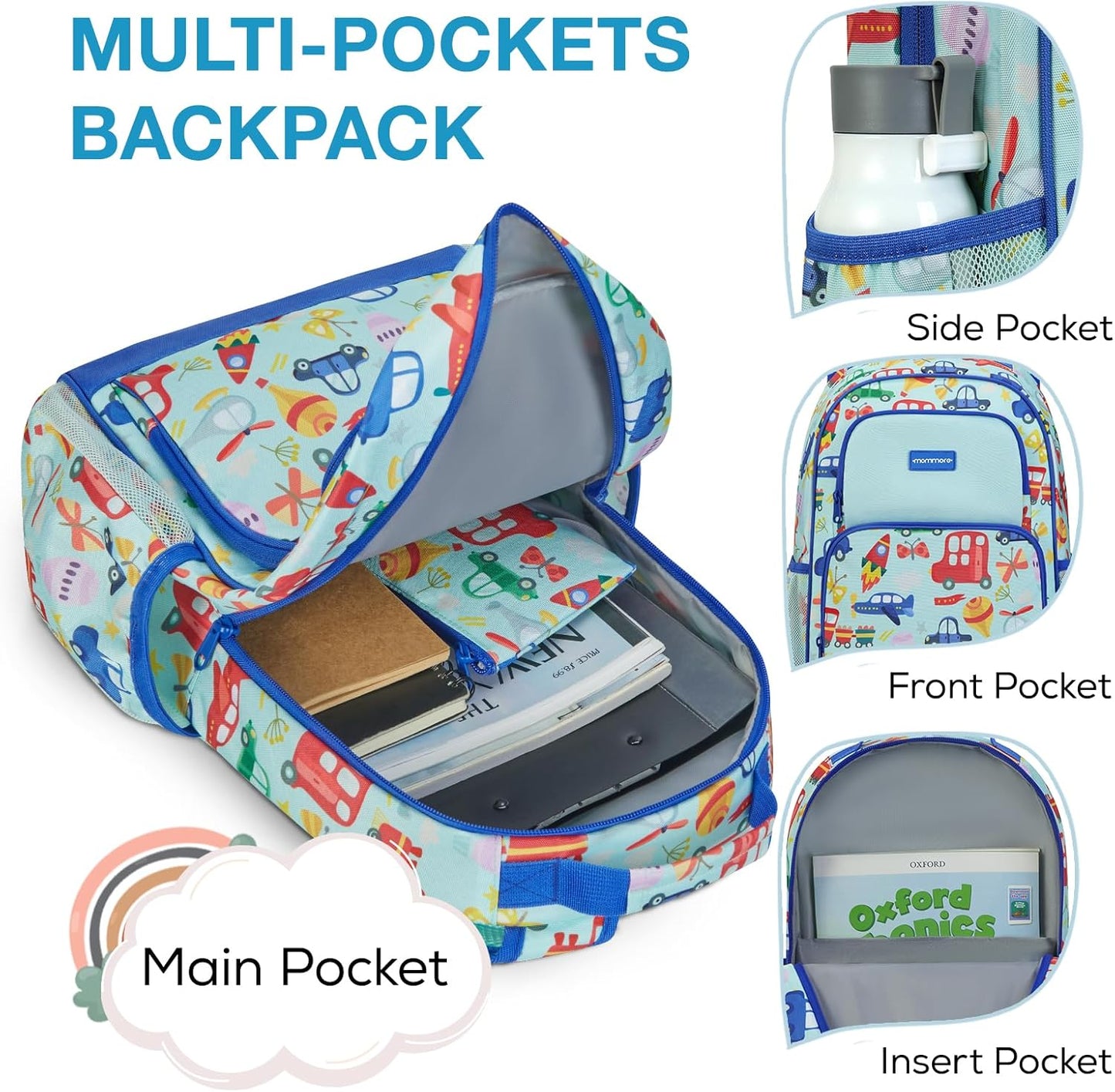 mommore Kids Backpack for Boys Girls Preschool Kindergarten Backpacks Lightweight Elementary School Bookbag with Lunch Box
