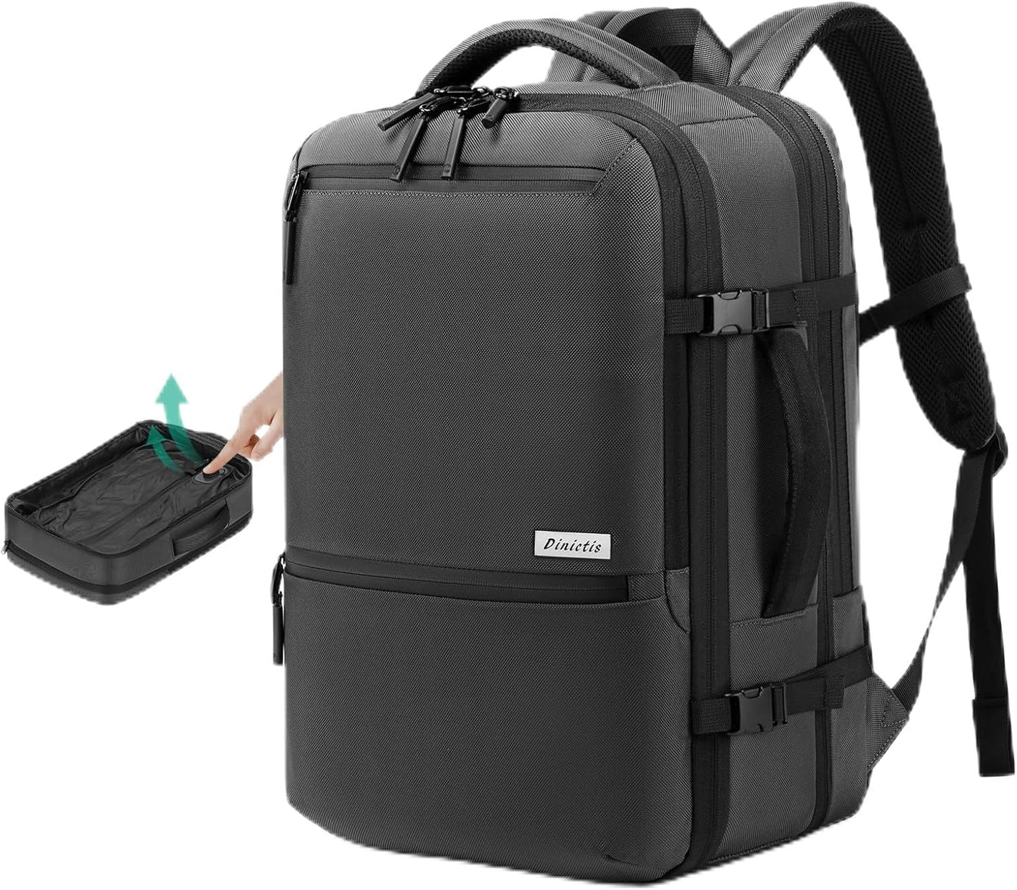 Dinictis Vacuum Seal Travel Backpack 60L Built-in Pump, Expandable Backpack with Vacuum Compression fits 17 inch Laptop, Waterproof Carry On Suitcase Luggage suit for Short Trip and Business-Dark Grey