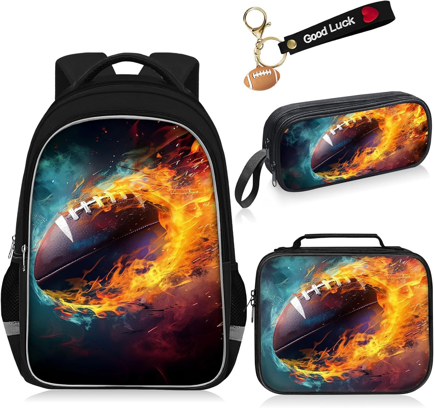 School Backpack for Boys - 4pcs American Football Boys Backpack with Lunch Box Set for Kids Children Teens Elementary Middle School - 17″ Sport Bookbag Travel Back Pack for Age 6-18