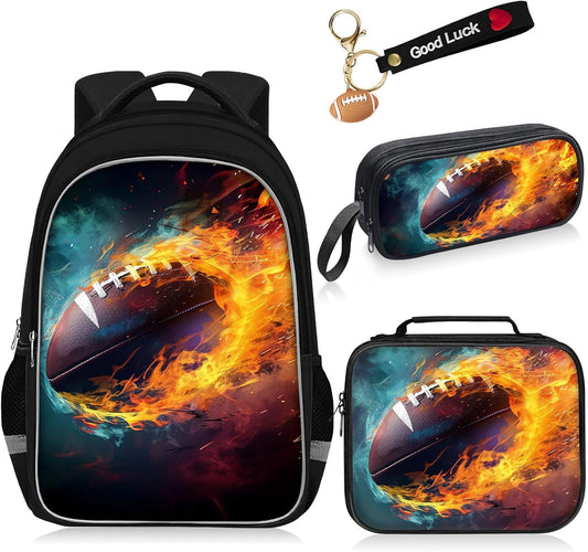School Backpack for Boys - 4pcs American Football Boys Backpack with Lunch Box Set for Kids Children Teens Elementary Middle School - 17″ Sport Bookbag Travel Back Pack for Age 6-18