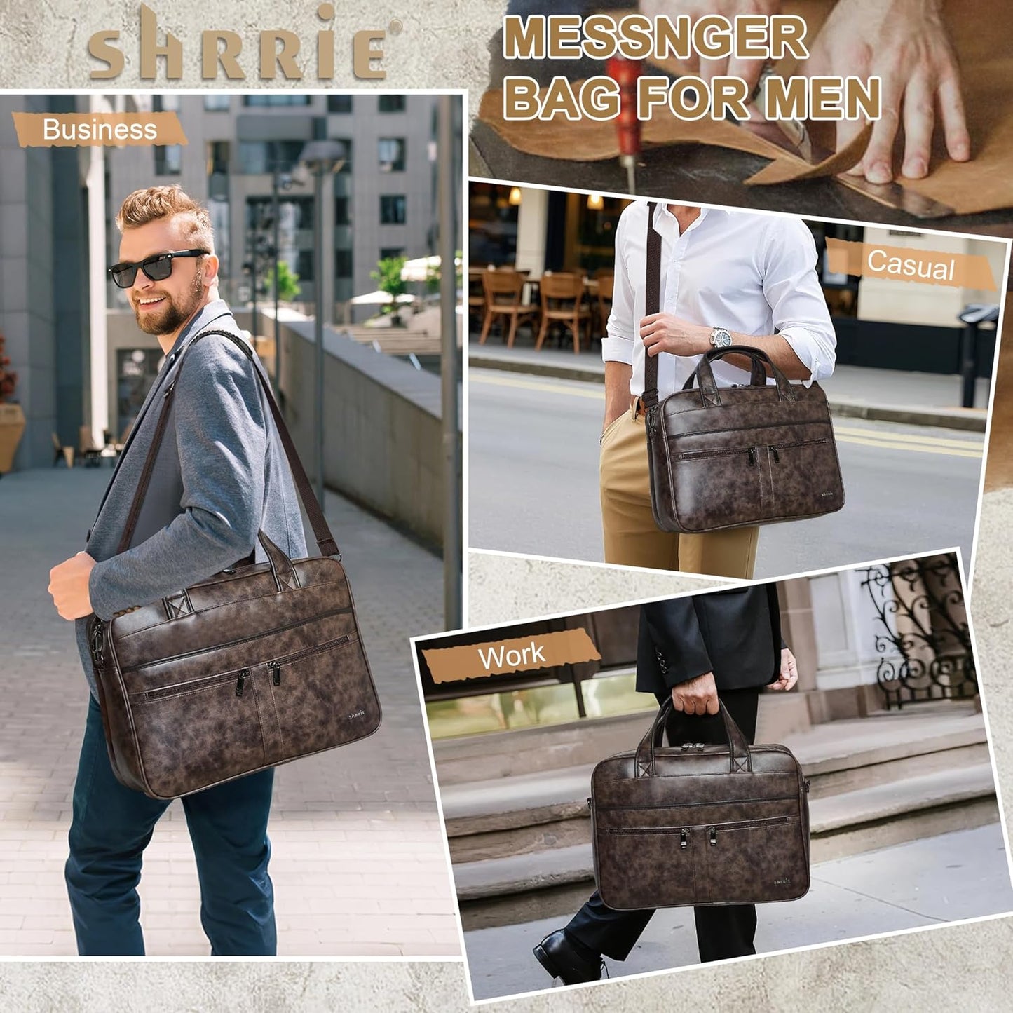 Shrrie Leather Messenger Bag for Men&Women 16 inch Laptop Bag,Water-Resistant Retro Leather Briefcase for Men Business,Work