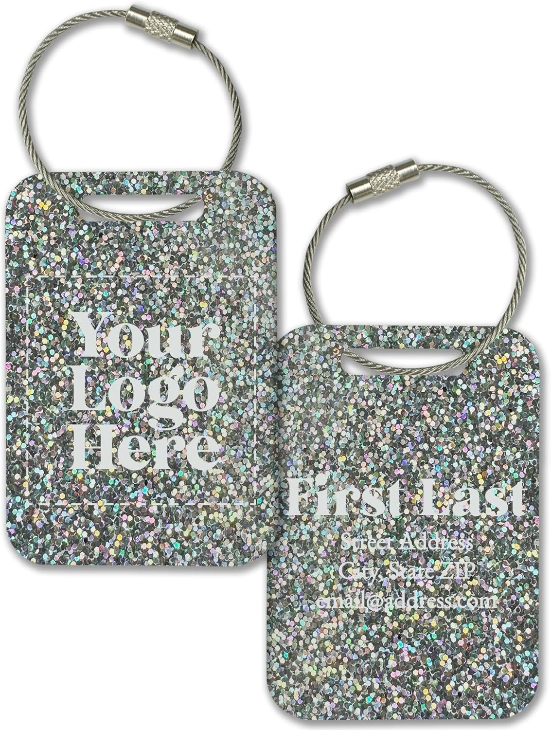 Personalized Logo Name Tag for Luggage (3 or 6 Count Pack) | Custom Tag for Suitcase | Acrylic Name Tag for Travel | Choose Your Font & Color | Backpack ID Label (Logo, Rainbow Silver Glitter)