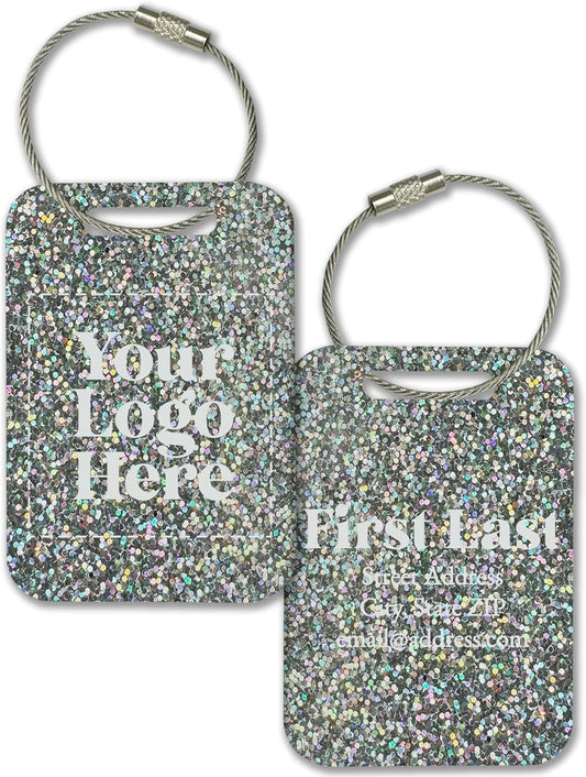 Personalized Logo Name Tag for Luggage (3 or 6 Count Pack) | Custom Tag for Suitcase | Acrylic Name Tag for Travel | Choose Your Font & Color | Backpack ID Label (Logo, Rainbow Silver Glitter)