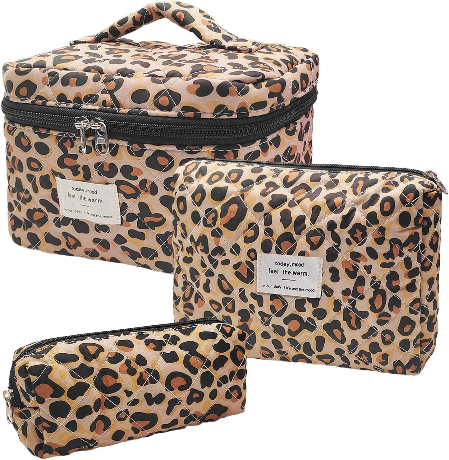 Quilted Makeup Bag, Large Capacity Travel Cosmetic Bag for Women and Girls, Aesthetic Storage for Daily and Travel Use (3pcs-Classicleopard)