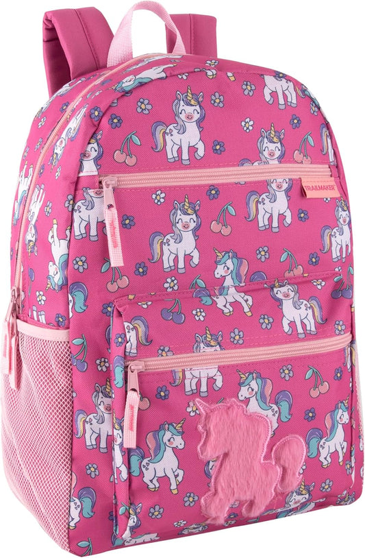 Trail maker 17” Kids Character School Backpacks Plush for Girls with Side Pockets, Padded Straps