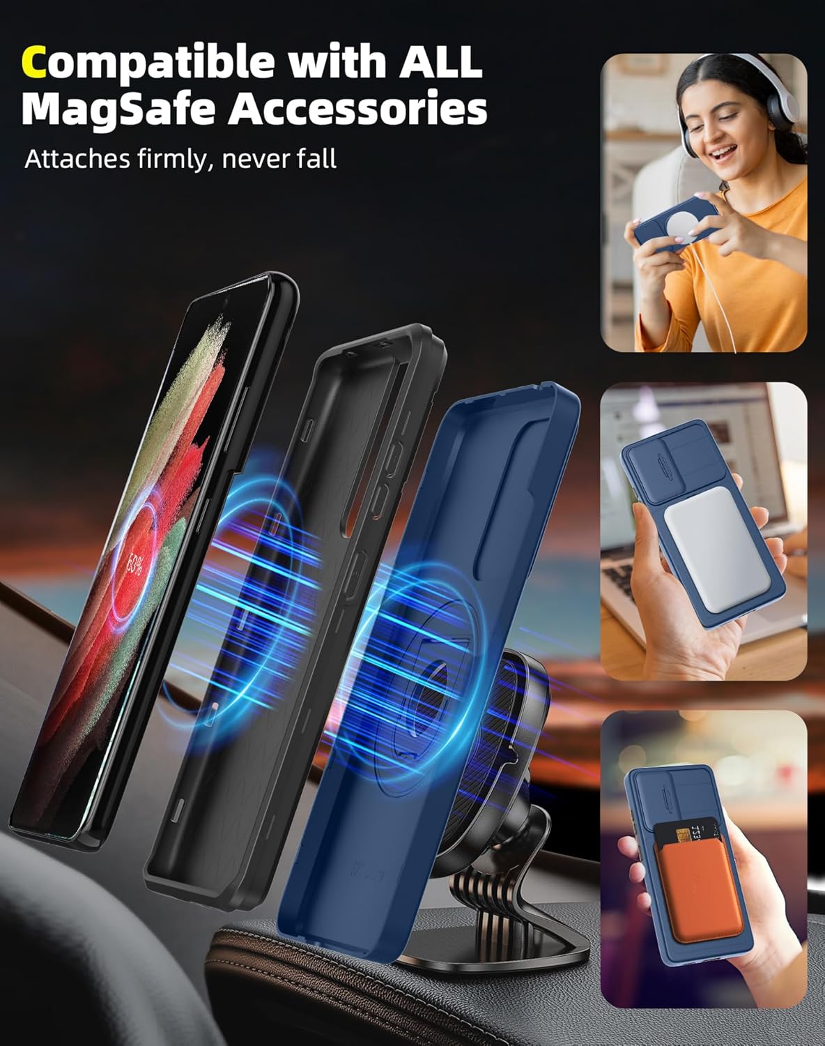 for Samsung Galaxy S21 Ultra Case Magnetic Compatible with MagSafe Wireless Charging,with Screen Protector,Built-in Stand Ring+Camera Cover Anti-Scratch Shockproof Heavy Duty Protection Blue