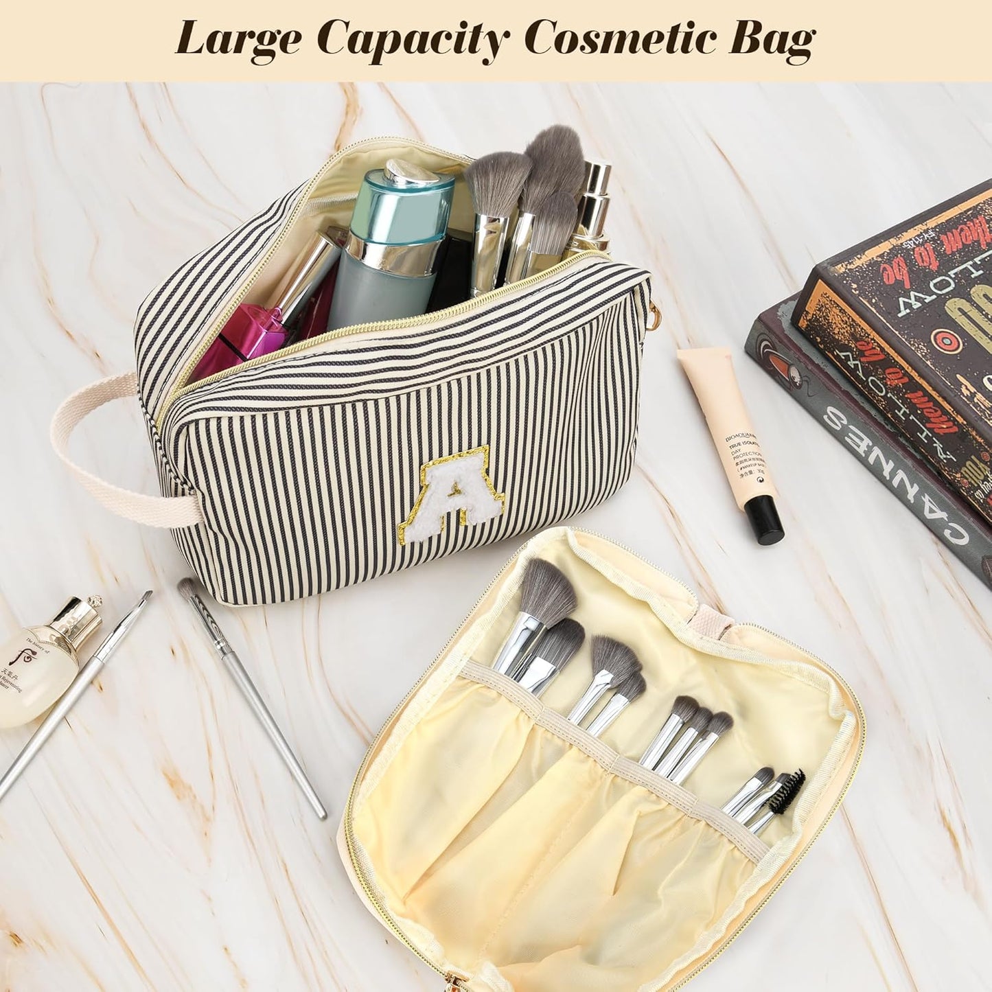 Travel Makeup Bag Christmas Gifts for Women Girl Teens, Personalized Initial Makeup Bag for Cute
