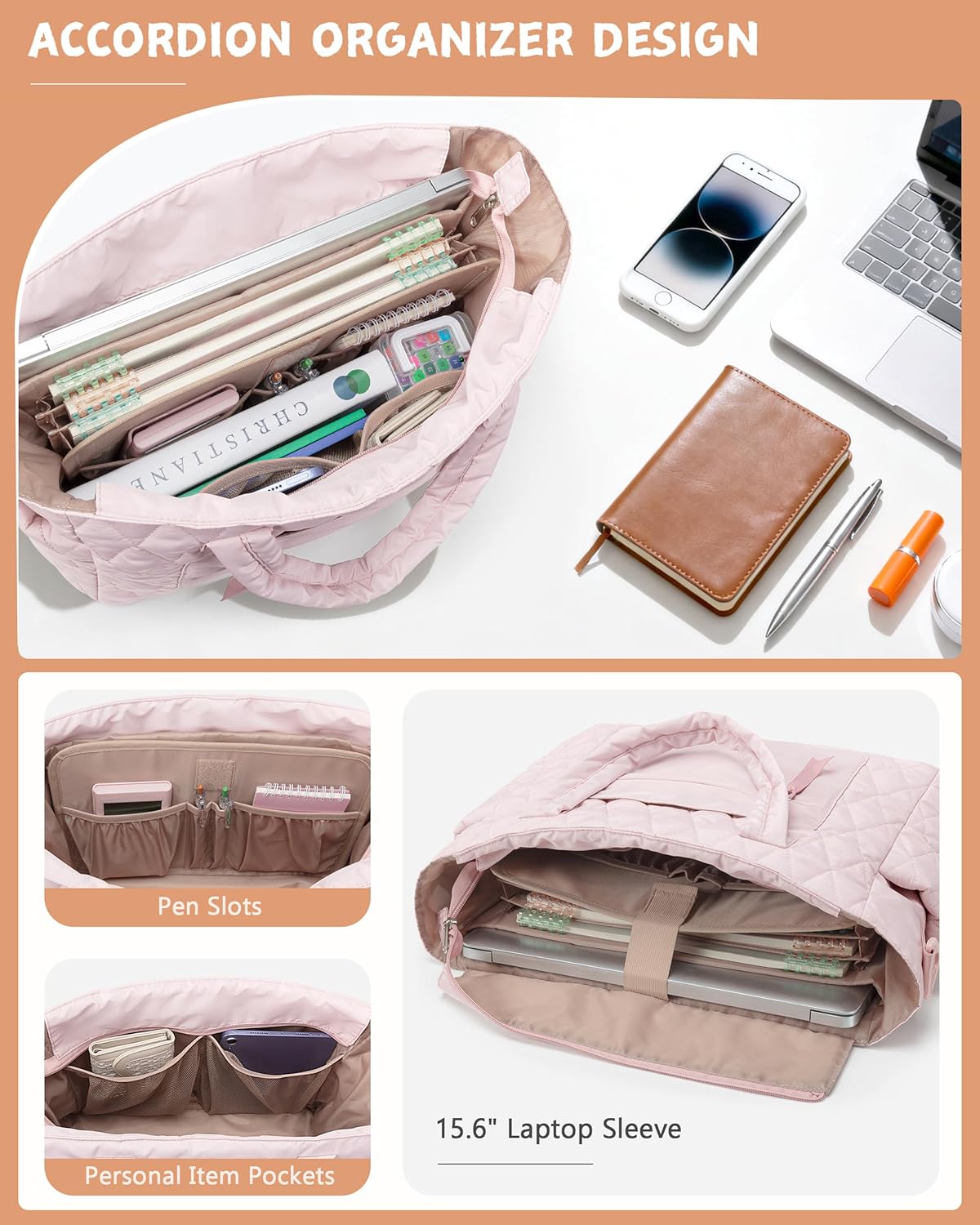 Tote Bag for Women - Puffer Work Tote with Laptop Compartment, Quilted College Shoulder Bag with Zipper for Work