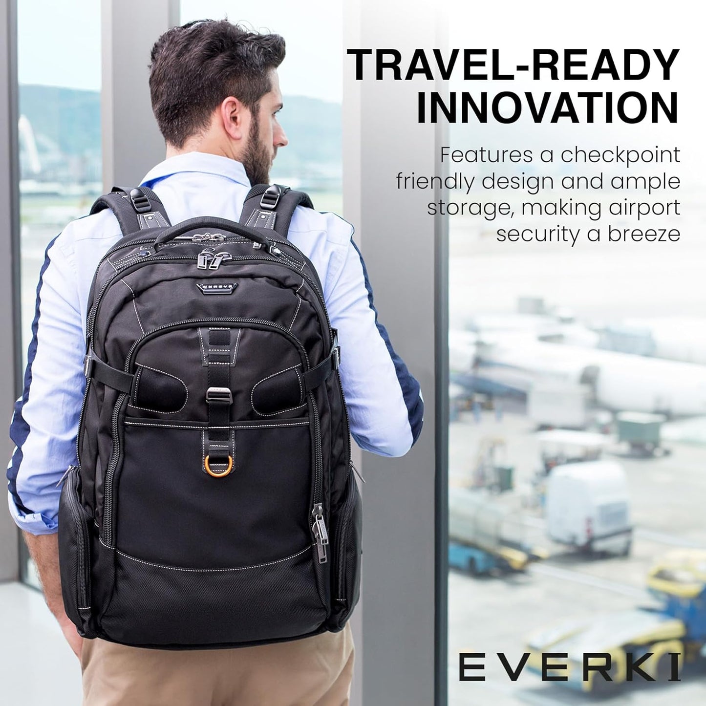 EVERKI Business 120 Laptop Backpack with Rain Cover, 40L Capacity, Large Compartment for Laptops Up to 18.4", 180° Fold-Out Design, Padded Pocket, Durable Design with Multiple Pockets – EKP120 - Black
