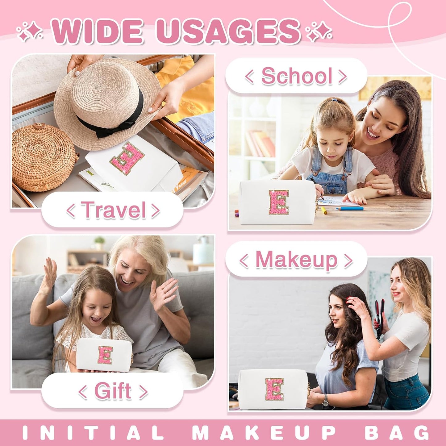 Small Personalized Initial A-Z Patch Makeup Bag,White Cute PU Leather Glitter Letter Cosmetic Bag for Teen Girls,Travel Toiletry Bag with Zipper,Preppy Monogrammed Birthday Gift for Daughter Niece E