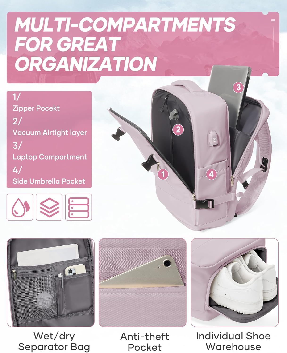 suwasp Vacuum Travel Backpack with Electric Vacpack Pump for Women, 40L Expandable Vacuum Compression Bags Personal Item Backpack Flight Approved Vacuum Seal Backpack for Traveling, Light Pink