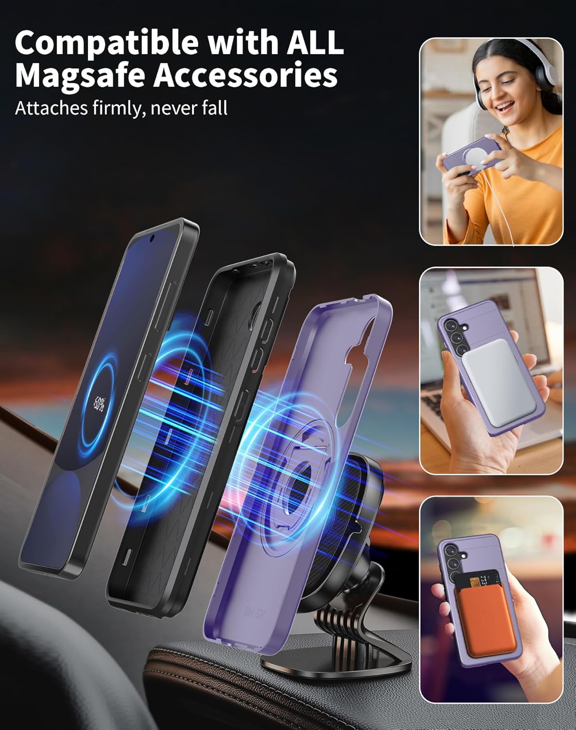 for Samsung Galaxy S24 FE Case Magnetic Compatible with MagSafe Wireless Charging,with 2 Screen Protectors,for S24 FE Case with Stand Ring Anti-Scratch Shockproof Heavy Duty Protection Purple