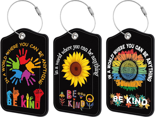 3 Pack PU Luggage Tags for Suitcase, Be Kind Flower Suitcase Tag Leather Privacy Cover ID Label with Stainless Steel Loop for Baggage Handbag School Bag Backpack