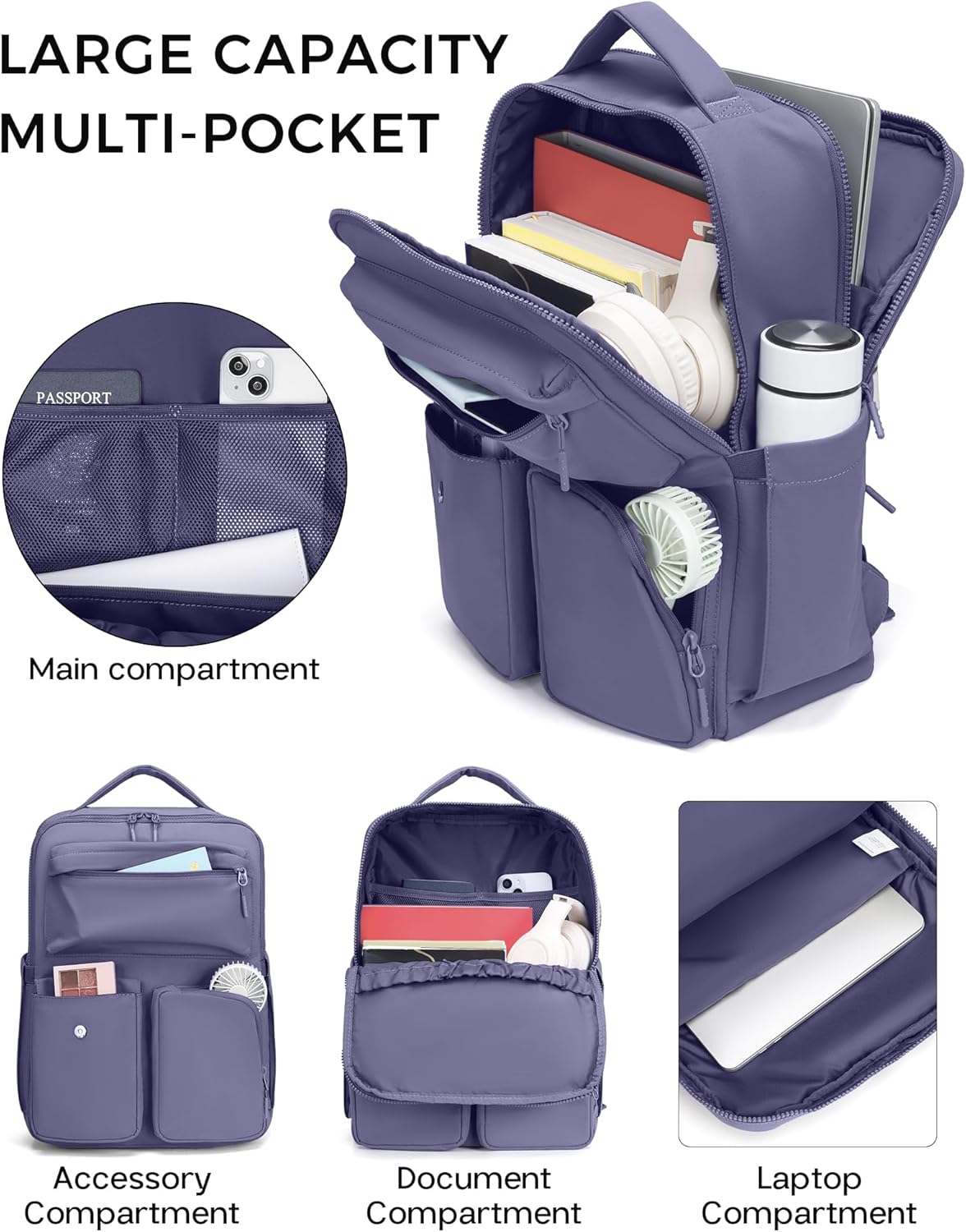 FODOKO Backpack for Work, Casual Backpack for Women Men Daypack Backpack for Travel College Bookbag Separate Compartment for 15.6 Inch Notebook Mistviolet