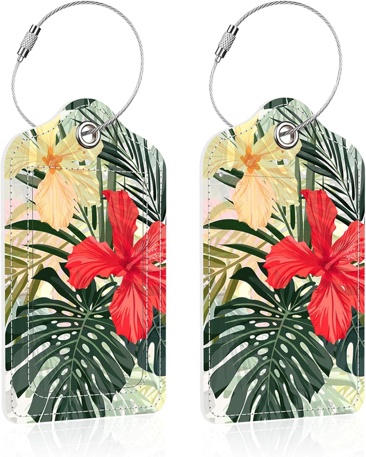 Luggage Tags for Suitcase,2 Pack Tropical Leaves Luggage Tag,PU Leather Id Label Luggage Tags with Stainless Steel Loop and Privacy Cover for Women Men Teens Travel