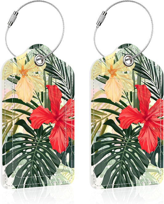Luggage Tags for Suitcase,2 Pack Tropical Leaves Luggage Tag,PU Leather Id Label Luggage Tags with Stainless Steel Loop and Privacy Cover for Women Men Teens Travel