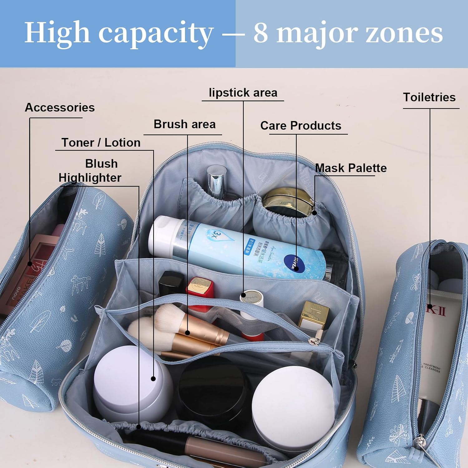 BOYATU Travel Makeup Bag Cosmetic Bags for Women: 3 Pcs Set Portable Make up Bag with Handle - PU
