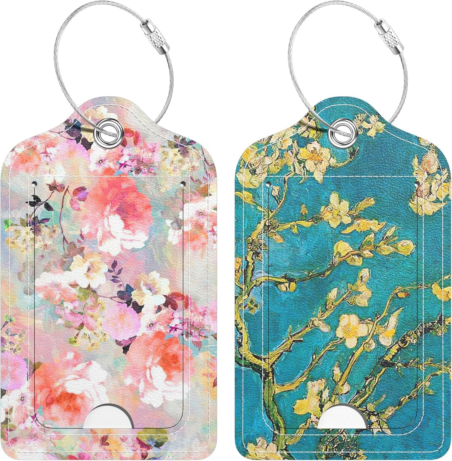 2 Pack PU Leather Luggage Tags for Suitcase, Travel Cruise Luggage Tag with Privacy Flap, Name ID Label and Metal Loop for Women Men Baggage Handbag School Bag Backpack, Watercolor Flowers