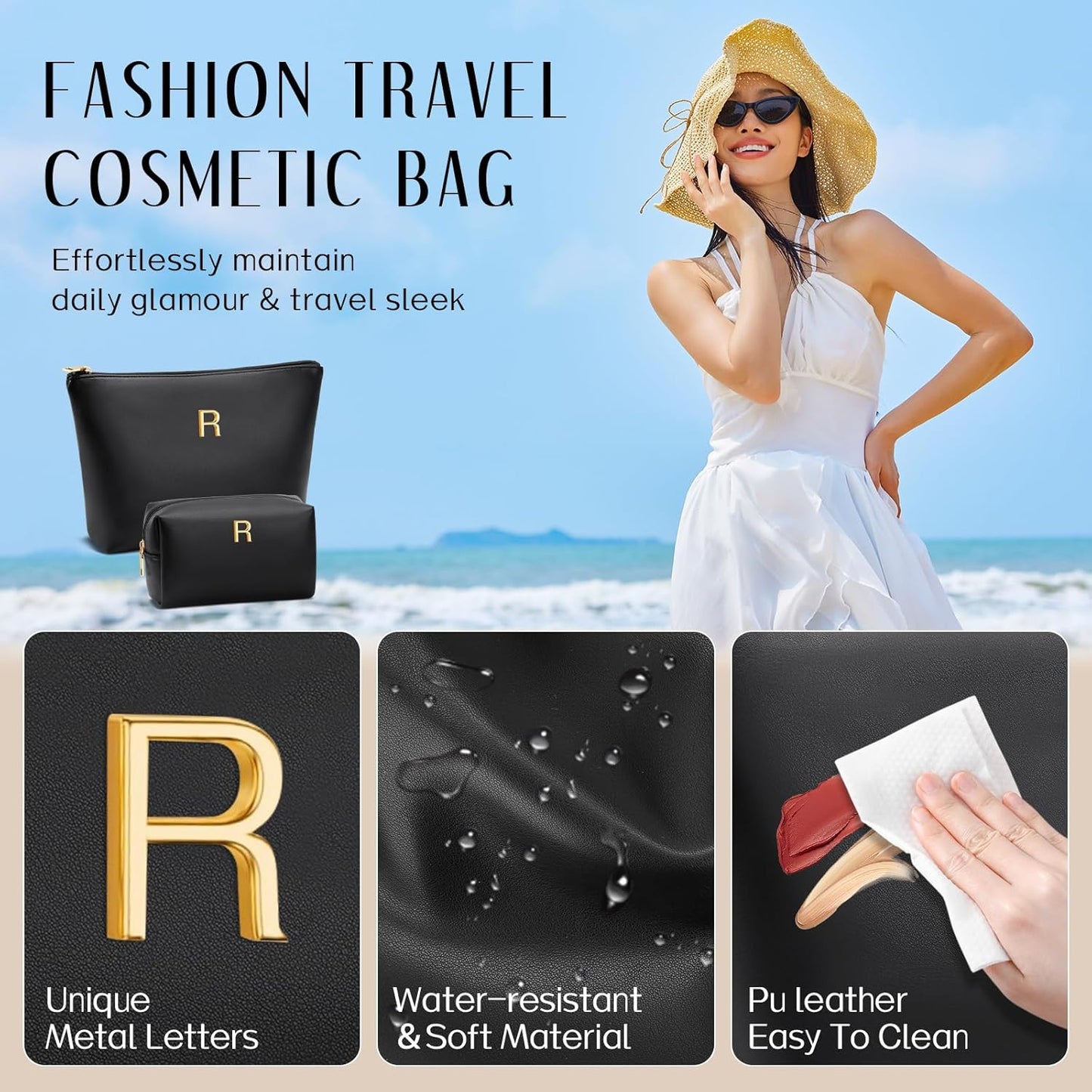 Women Gifts | Initial Makeup Bag Set for Girl Personalized Gifts for Bridesmaid Friend Graduation Teachers PU Leather Cosmetic Travel Toiletry Bag(Black,R)