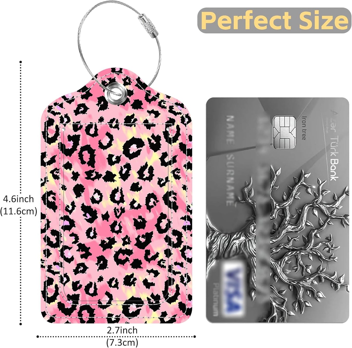 Luggage Tags for Suitcase Leopard Skin with Tie Dye Gradient 2 PCS Leather Travel Cruise Luggage Tag with Stainless Steel Loop Name ID Label Privacy Cover for Women Men Travel Bag Labels Set