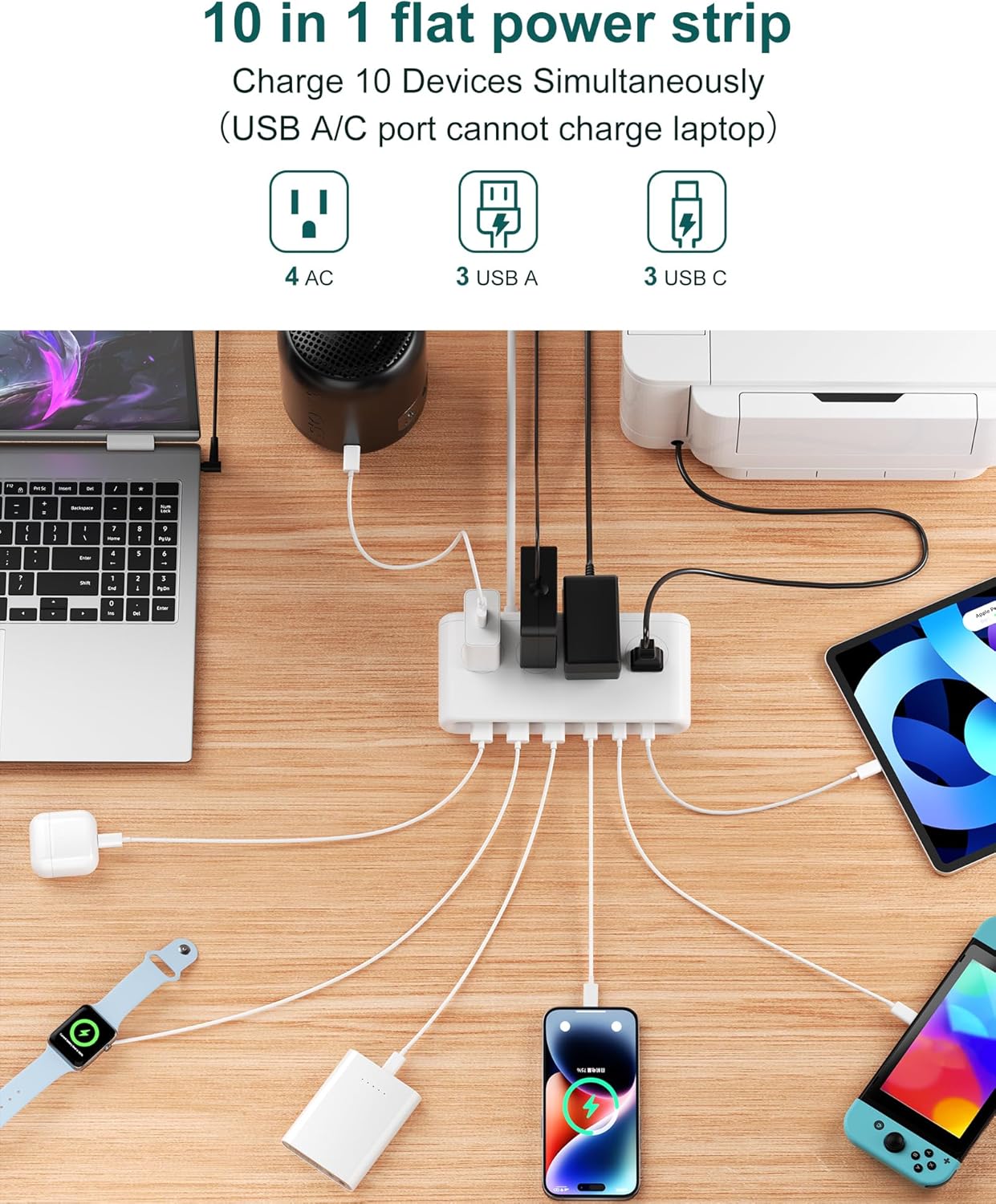 10 in 1 Flat Plug Power Strip with USB C, PD20W Fast Charging Station with 4 Outlets and 6 USB Port（3 Type C+3 USB A, 5ft Extension Cord, Non Surge Protector for Travel (White)