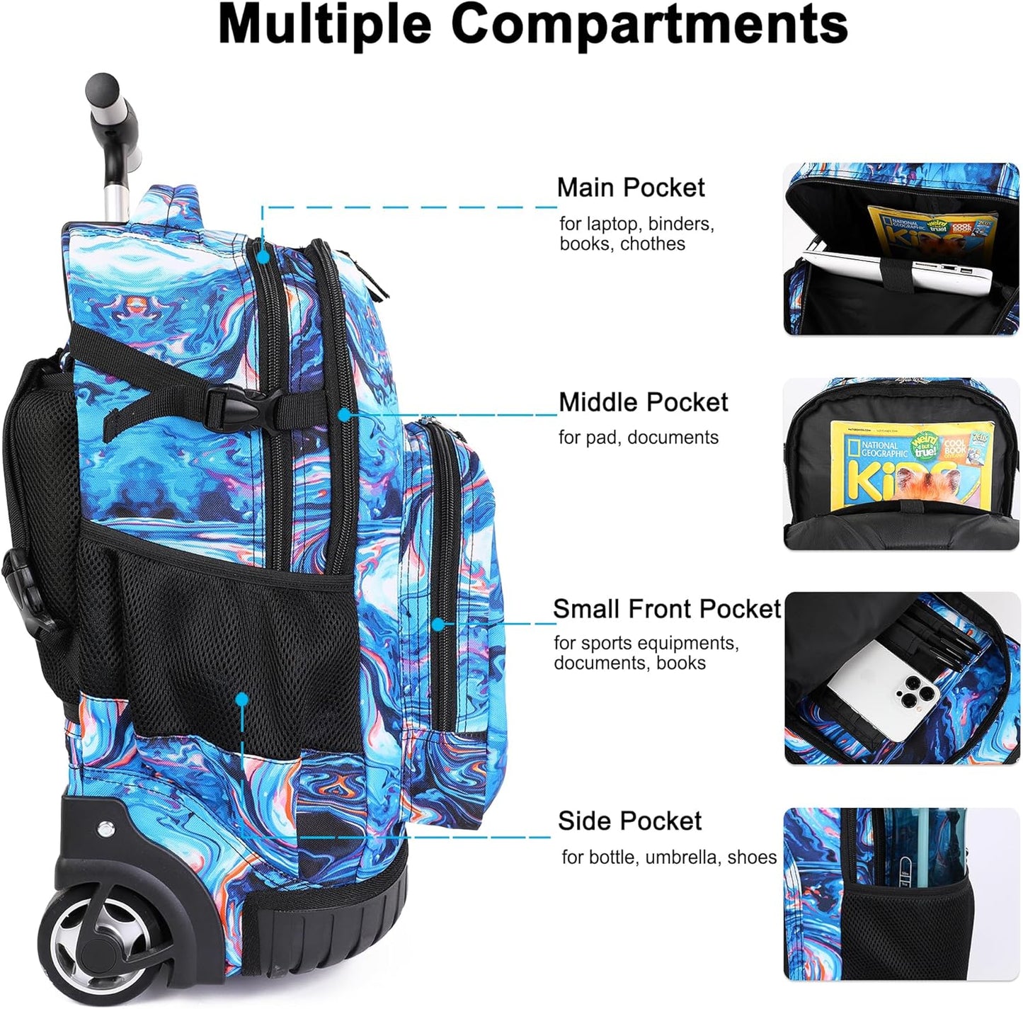 Tilami Rolling Backpack 19 inch with Lunchbox Wheeled Laptop Backpack, Painting Blue
