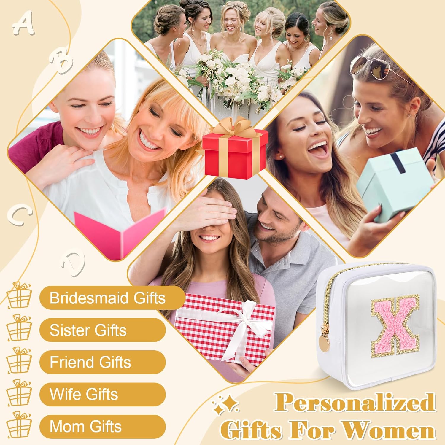 Personalized Initial Letter Clear Preppy Makeup Bag,Mini Nylon Chenille Letter Cosmetic Bag Cute