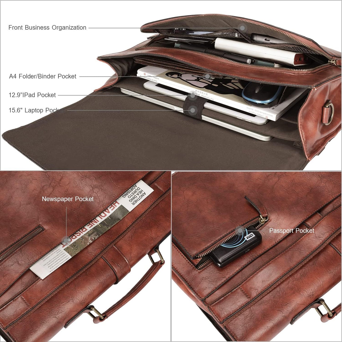 ESTARER Men's Leather Briefcase 15.6 Inch Laptop Messenger Bag for Office/Business/Travel, Professional Leather Computer Shoulder Bag, Vintage Brown