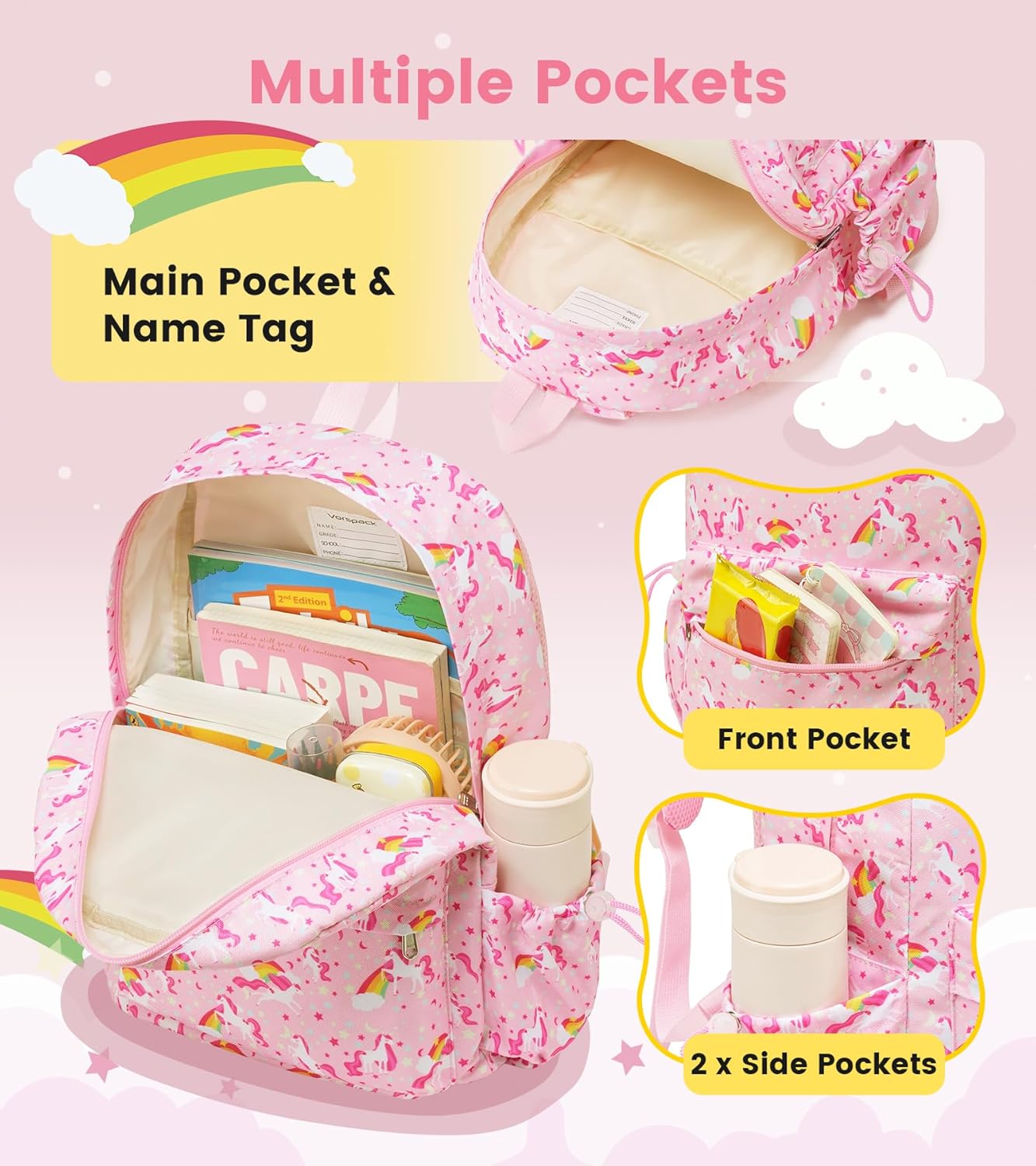 Vorspack Kids Backpack for Girls - 15 Inch Girls Backpack Ages 5-8, Cute Unicorn Bookbag School Bags for Elementary School - Pink