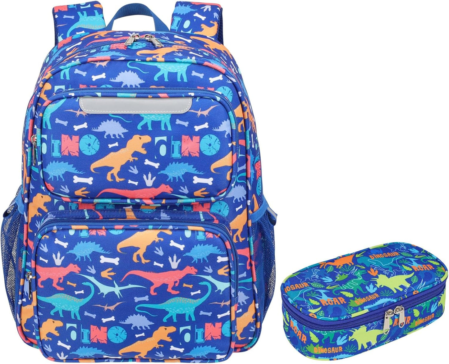 Kids Backpack with Pencil Case - 15 Inch Backpack for Boys 3 to 8, Lightweight Bookbag for Preschool Kindergarten Elementary School, Insulated Pocket, Safe Reflective Stripe, Blue Dinosaur